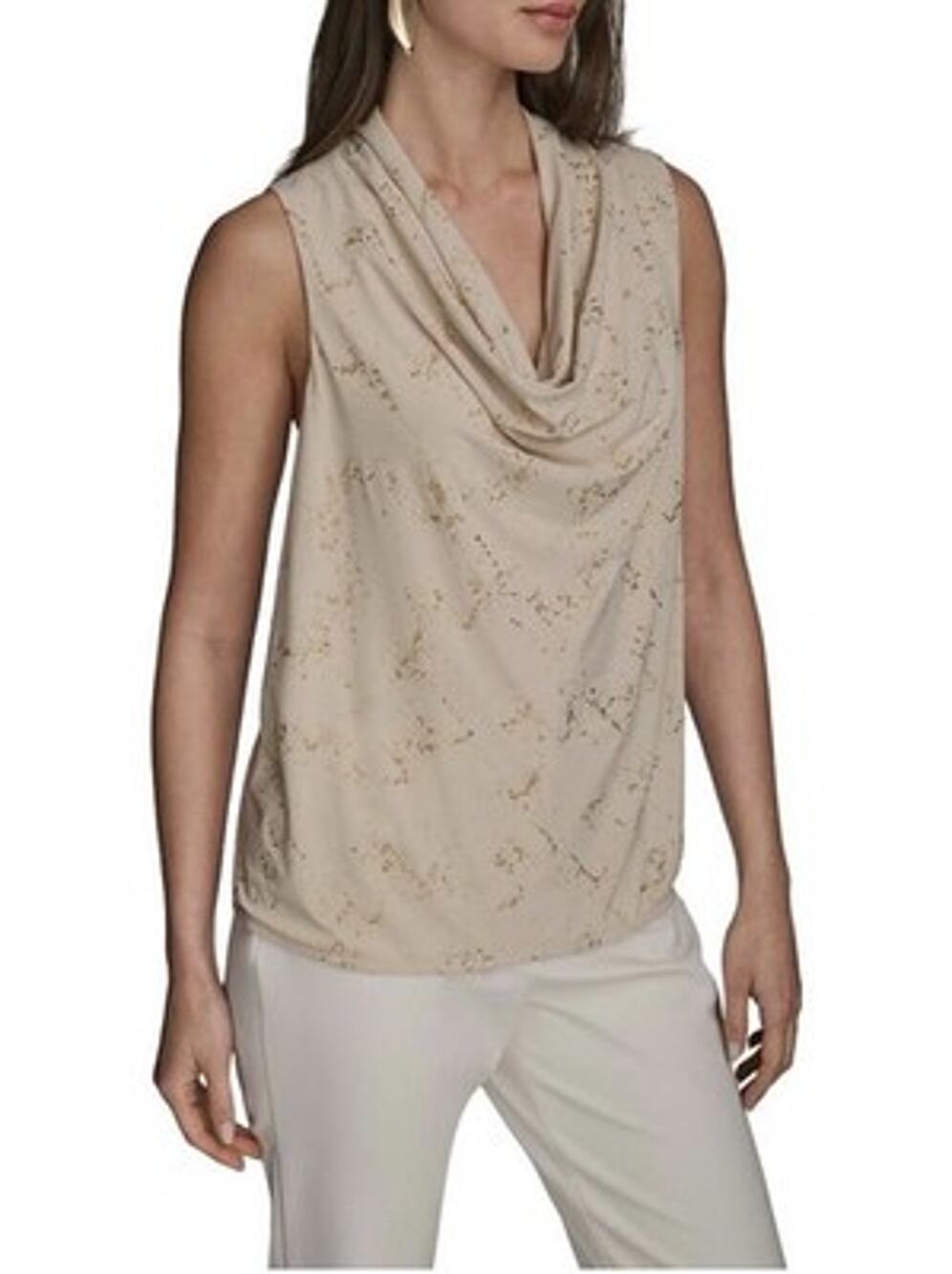 Donna Karan New York Metallic Cowl Neck Ruched Top Gold Sand Sleeveless Lined L